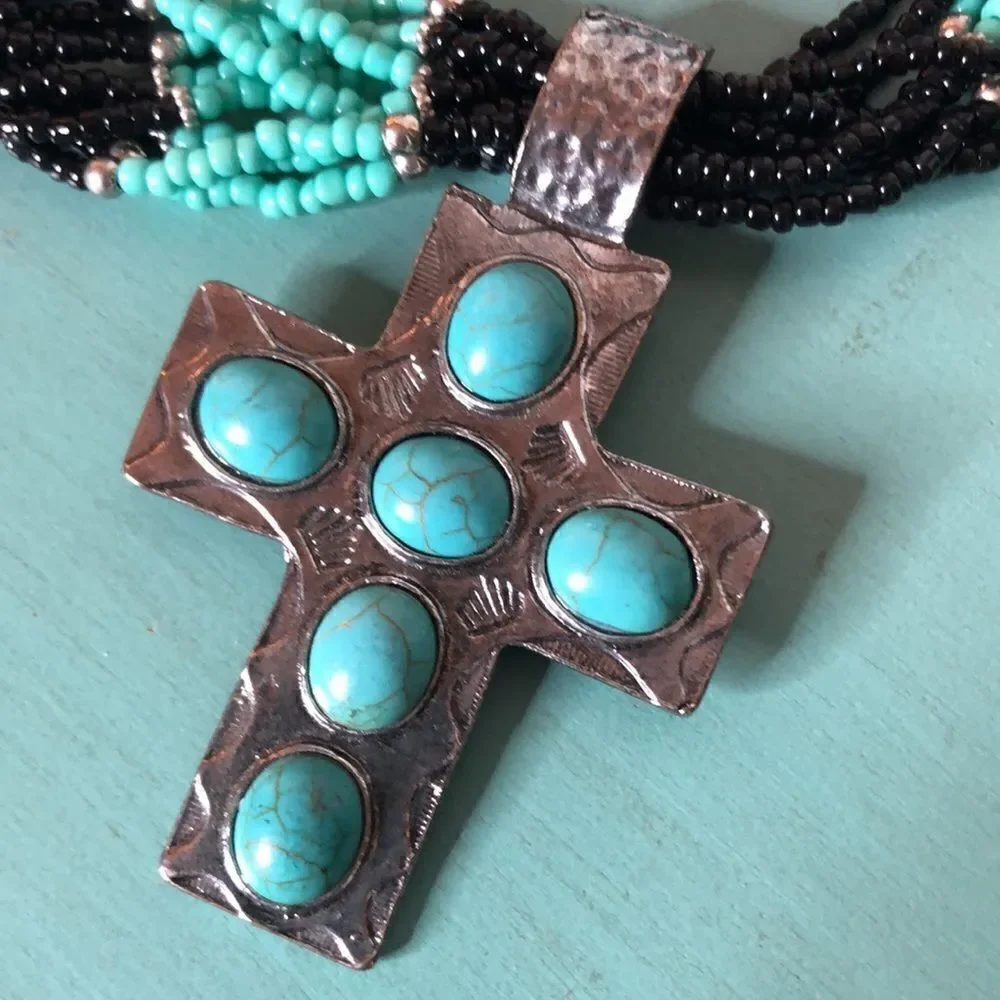 WEST & CO Cross Beaded Faux Turquoise Necklace